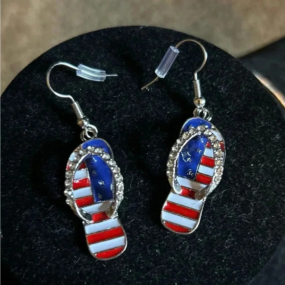 Patriotic American Flag Flip Flop Rhinestone Dangle Earrings Red White Blue